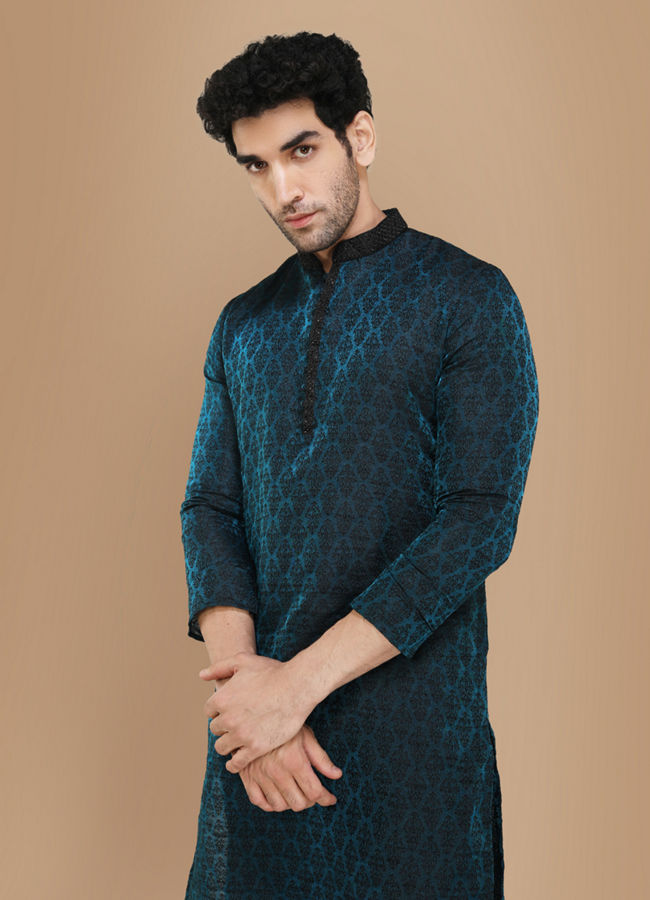 Sapphire Blue Jacquard Kurta Set image number 0